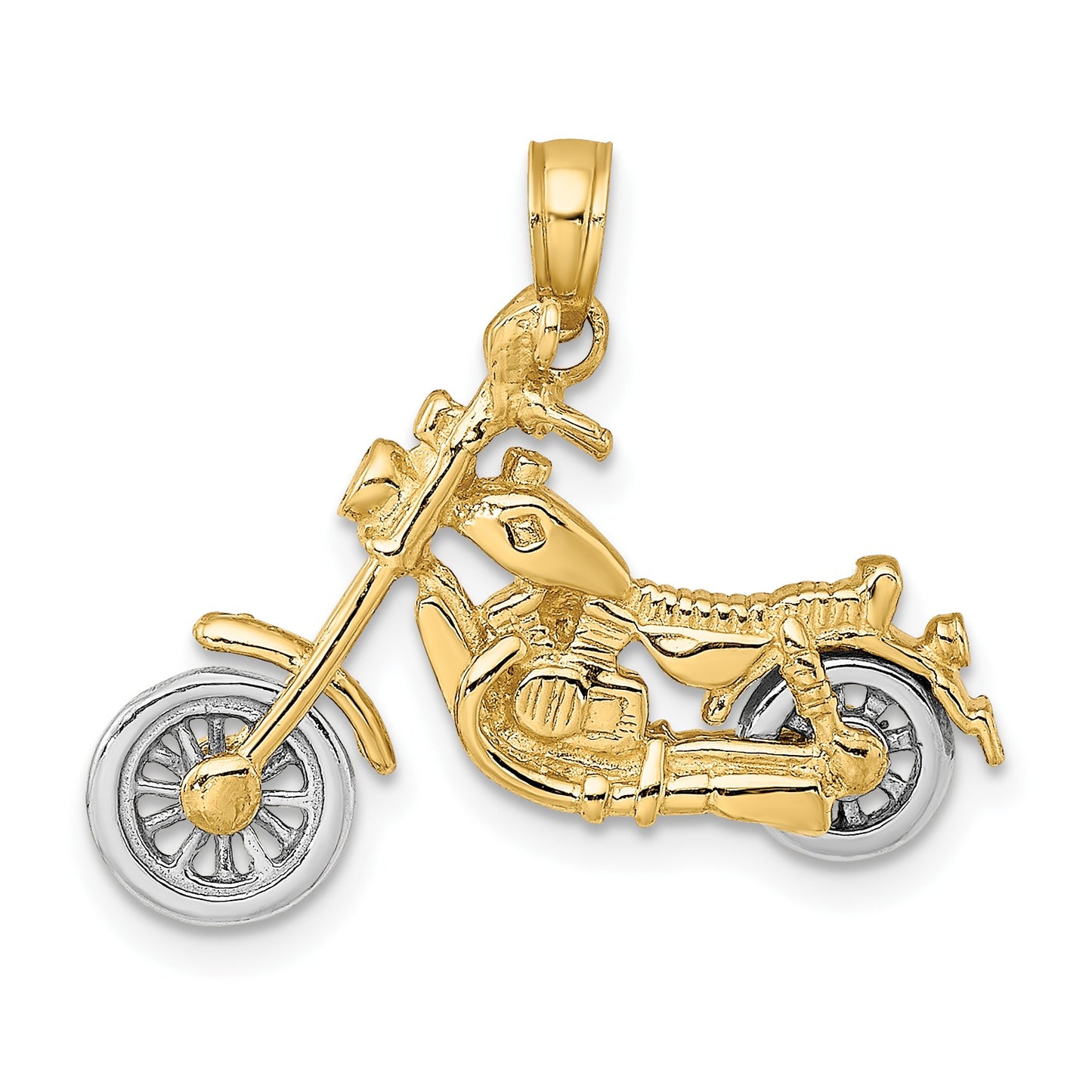 14k Two-tone 3-D Chopper Motorcycle with Moveable Wheels Charm
