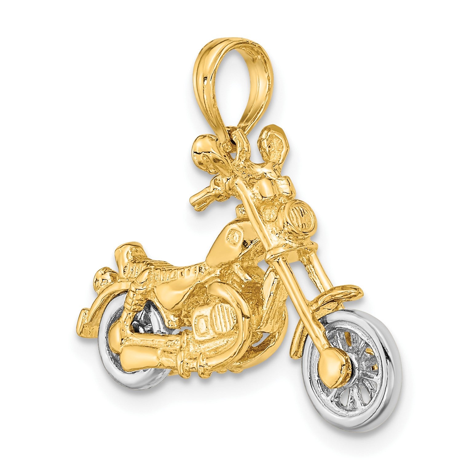 14k Two-tone 3-D Chopper Motorcycle with Moveable Wheels Charm