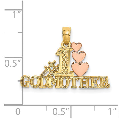 14K Two-tone Polished #1 GODMOTHER and Hearts Pendant