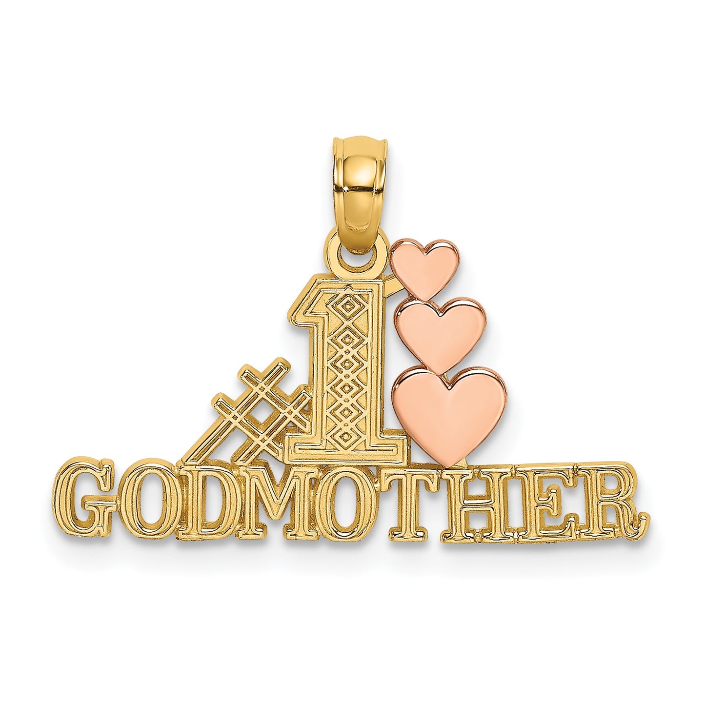 14K Two-tone Polished #1 GODMOTHER and Hearts Pendant