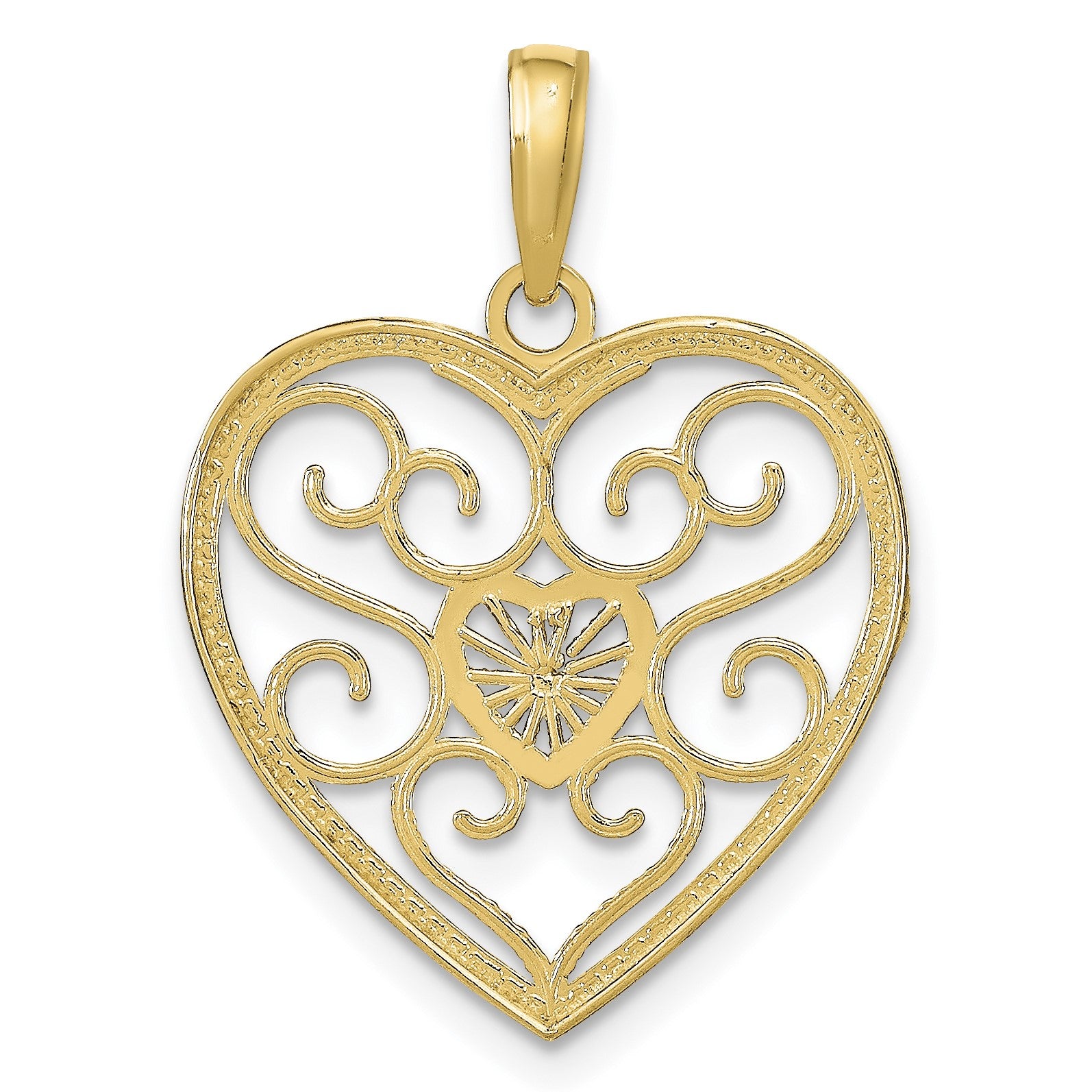 14k and White Rhodium Filigree Beaded Heart Charm