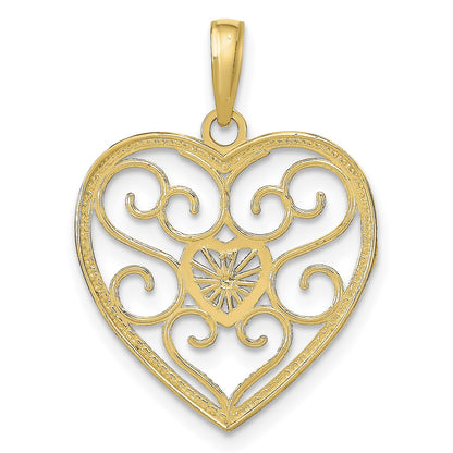 14k and White Rhodium Filigree Beaded Heart Charm