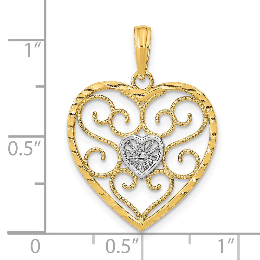14k and White Rhodium Filigree Beaded Heart Charm