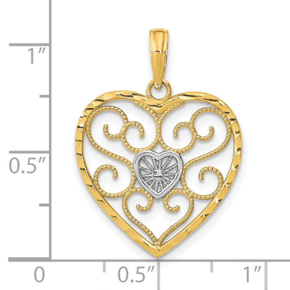14k and White Rhodium Filigree Beaded Heart Charm
