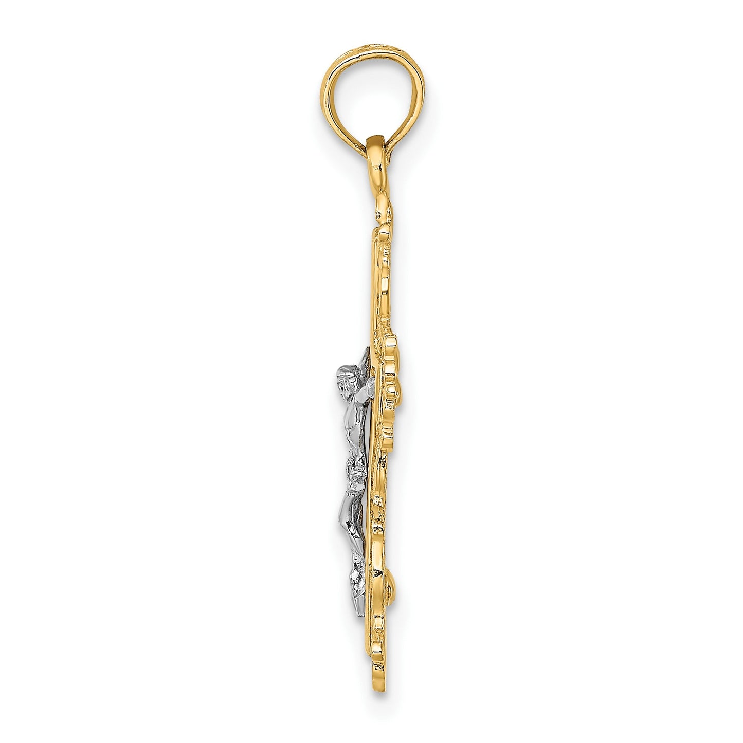 14K and White Rhodium Textured Lace Trim Crucifix Charm