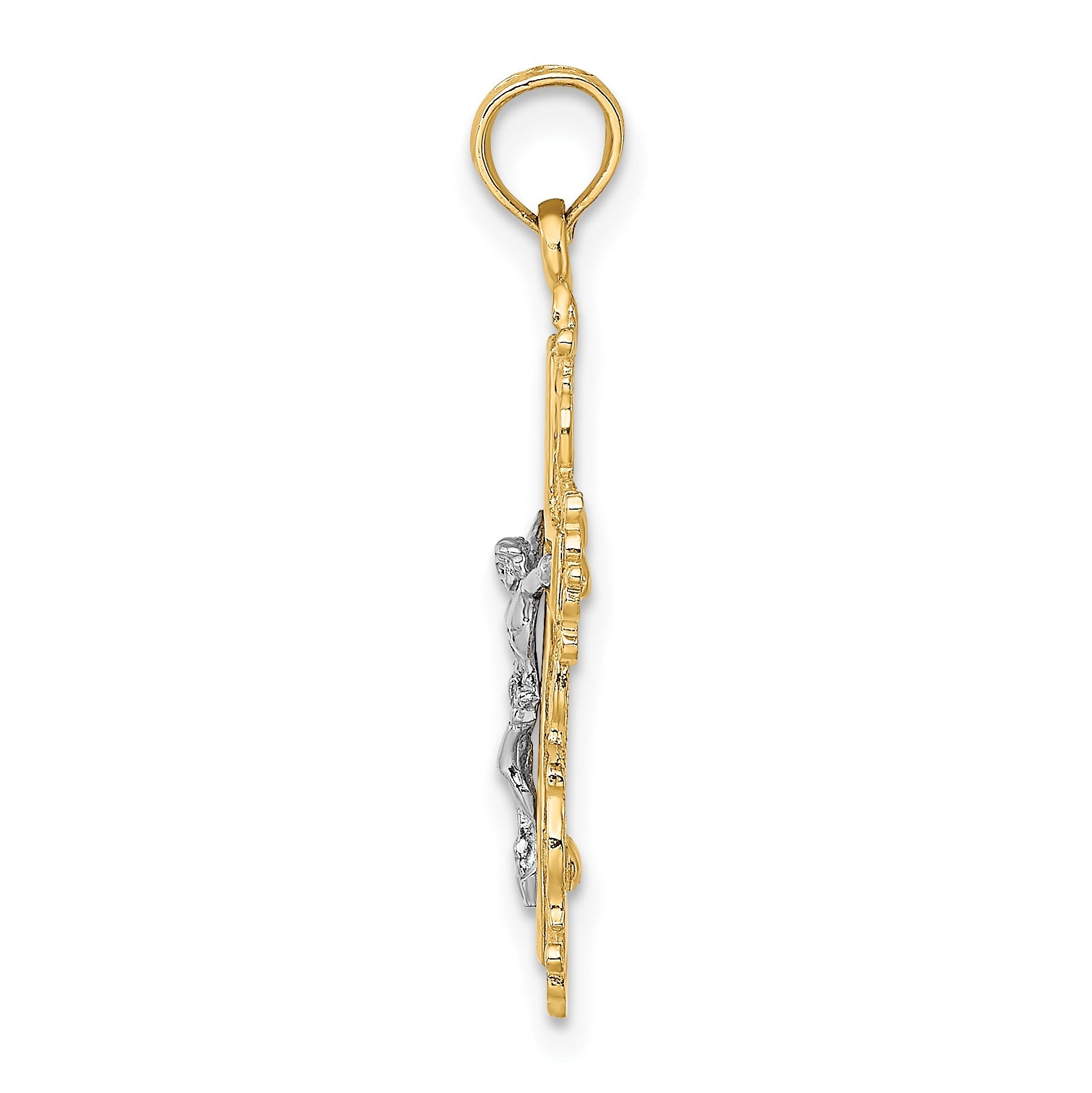 14K and White Rhodium Textured Lace Trim Crucifix Charm