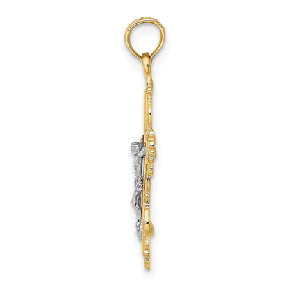 14K and White Rhodium Textured Lace Trim Crucifix Charm