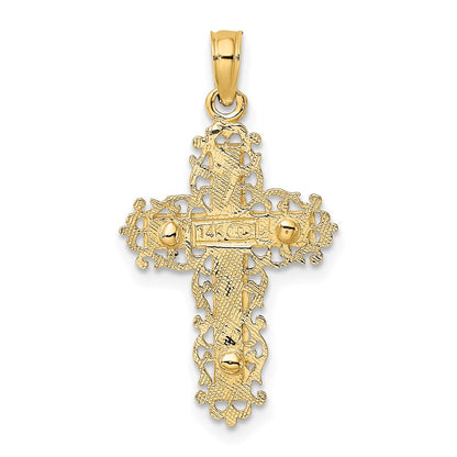 14K W/ Rhodium Textured Lace Trim Crucifix Charm