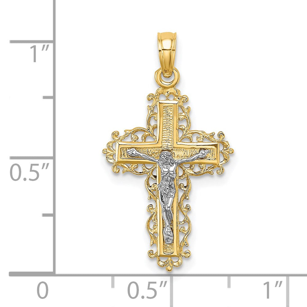 14K W/ Rhodium Textured Lace Trim Crucifix Charm