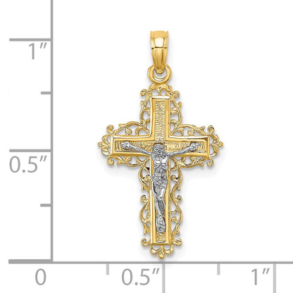 14K W/ Rhodium Textured Lace Trim Crucifix Charm