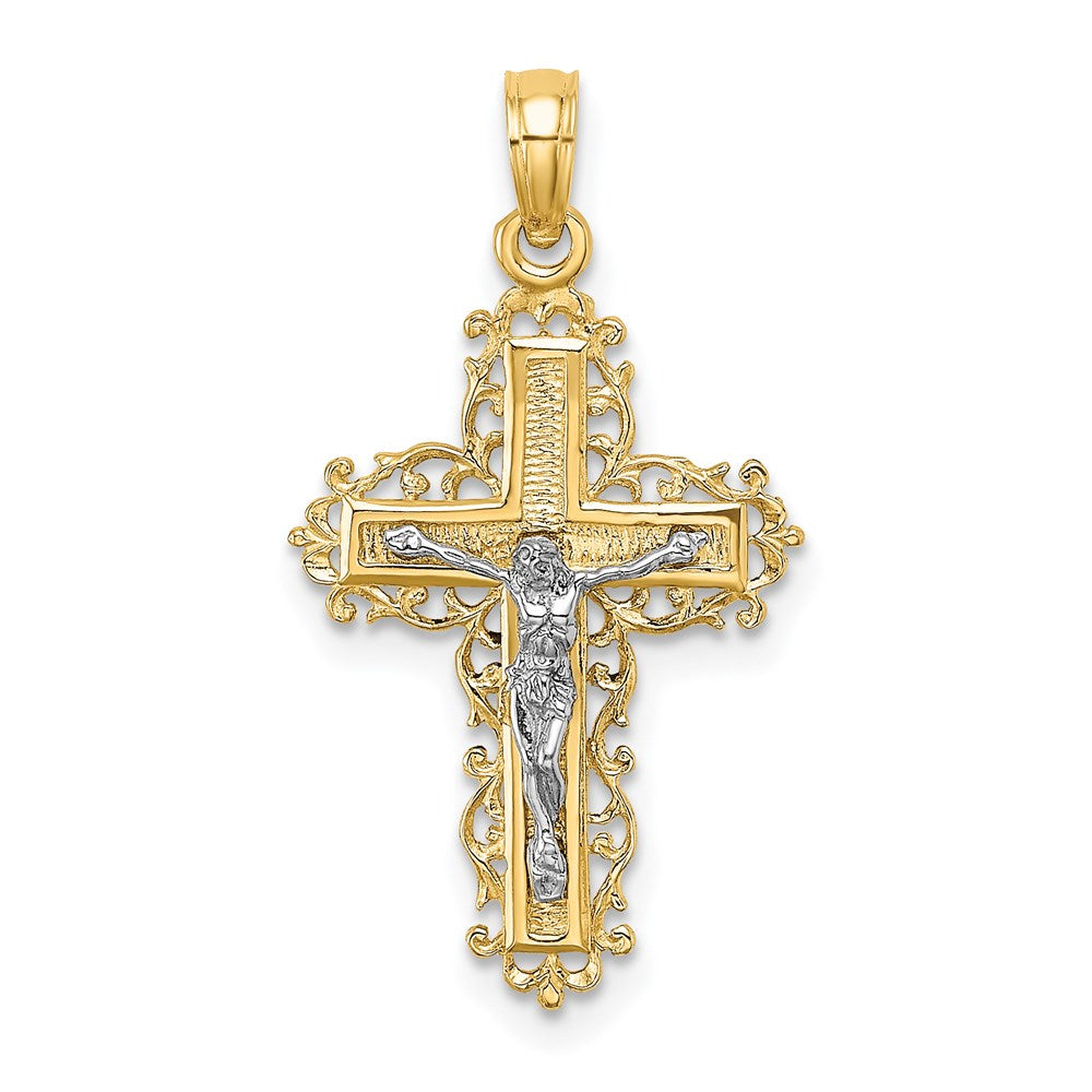 14K W/ Rhodium Textured Lace Trim Crucifix Charm