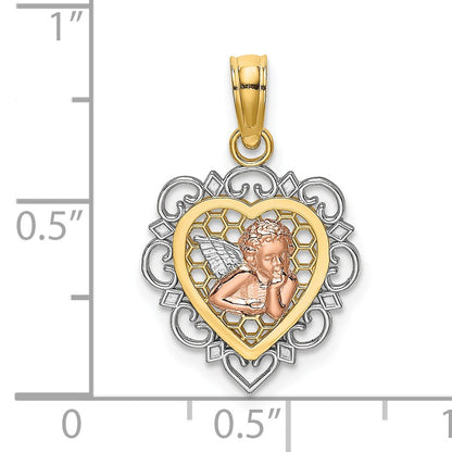 14K Two-tone and White Rhodium Small Angel In Scalloped Edge Heart Charm