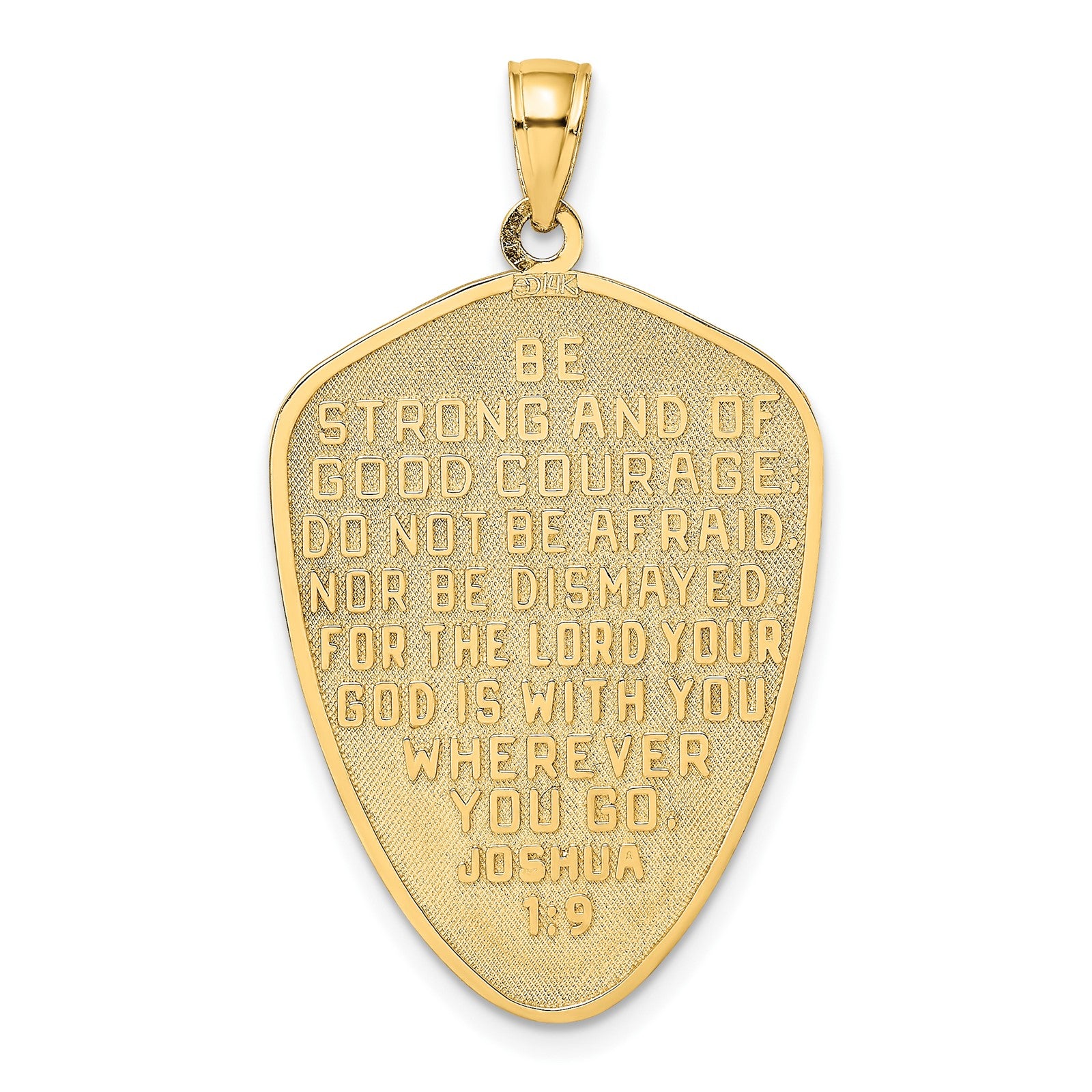 14K with White Rhodium Cross Shield with Joshua 1:9 On Reverse Charm
