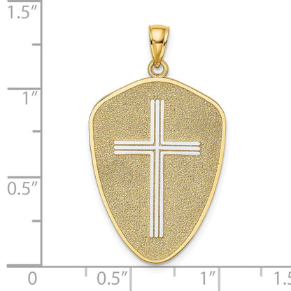 14K with White Rhodium Cross Shield with Joshua 1:9 On Reverse Charm