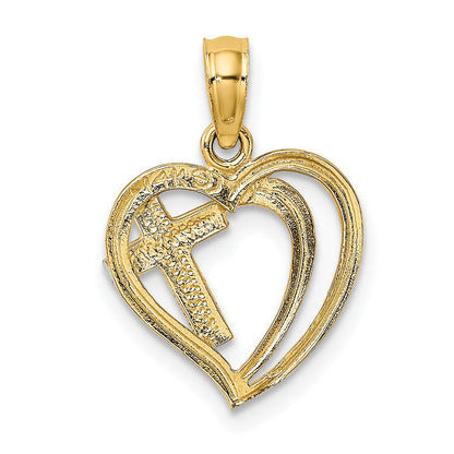 14K with White Rhodium Cross In Heart Charm