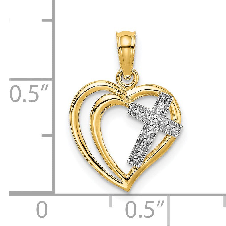 14K with White Rhodium Cross In Heart Charm