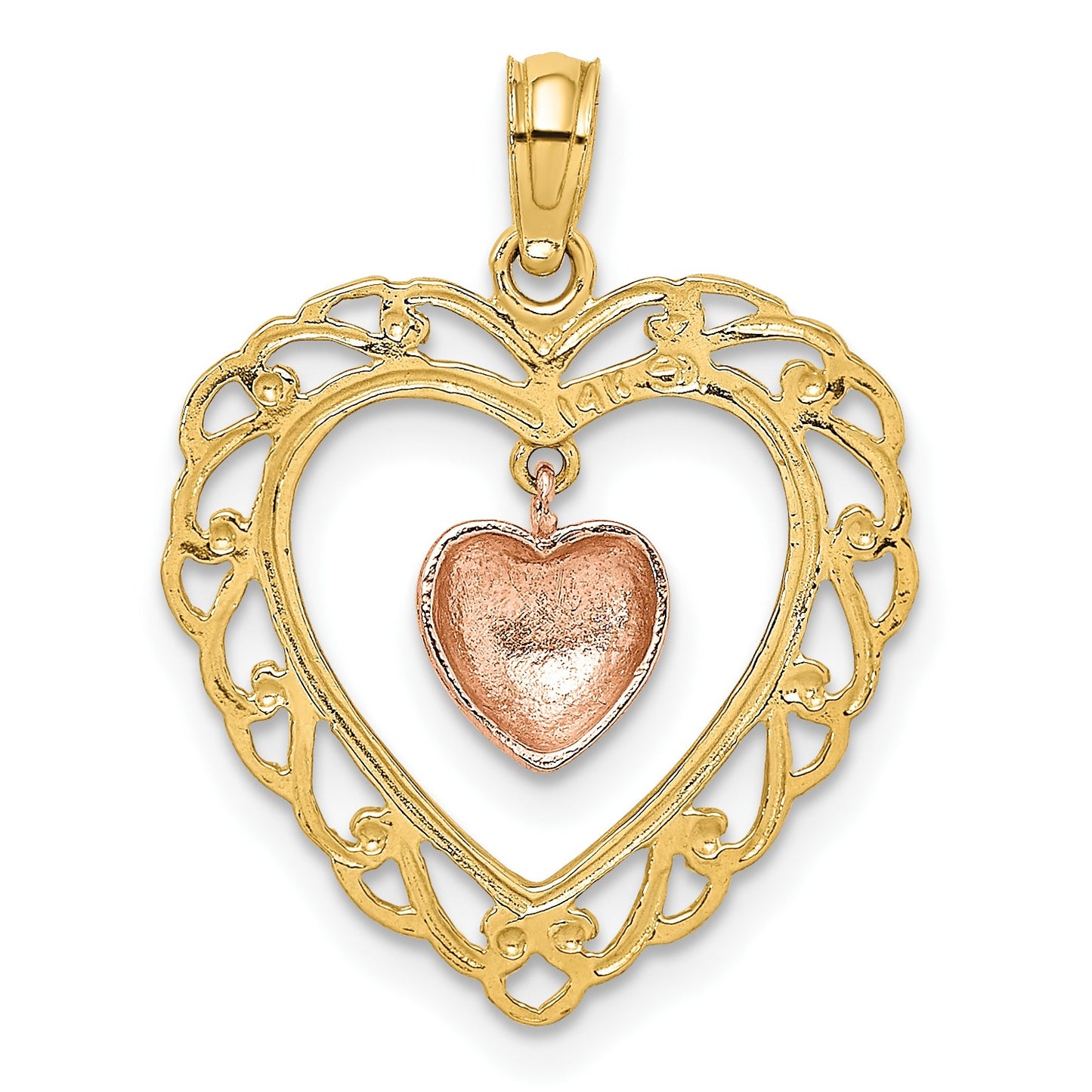 14k Yellow and Rose Polished Dangling Heart In Heart Charm