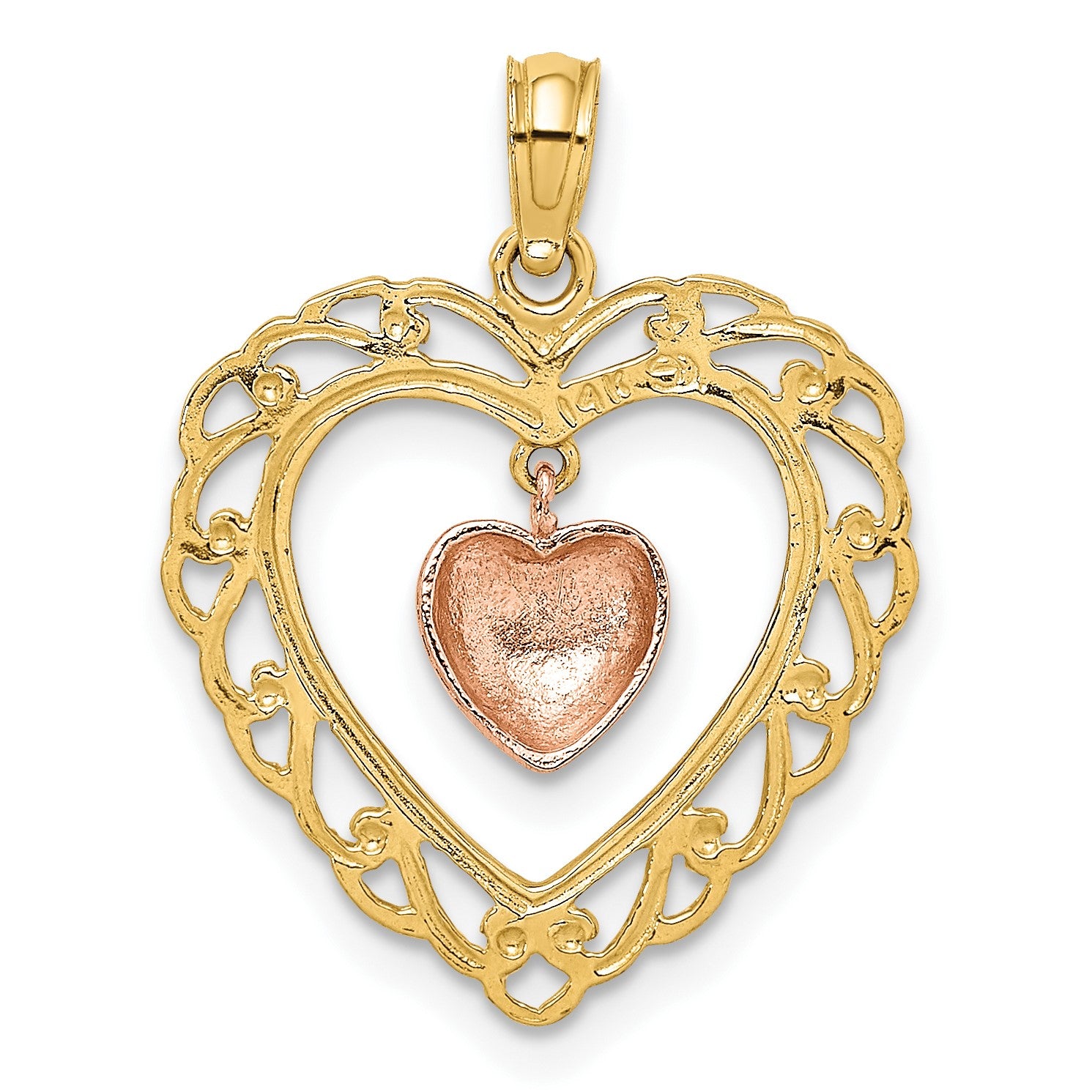14k Yellow and Rose Polished Dangling Heart In Heart Charm