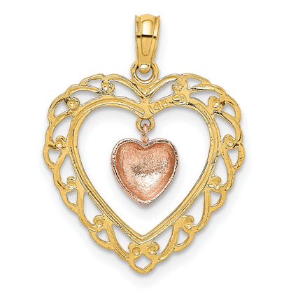 14k Yellow and Rose Polished Dangling Heart In Heart Charm