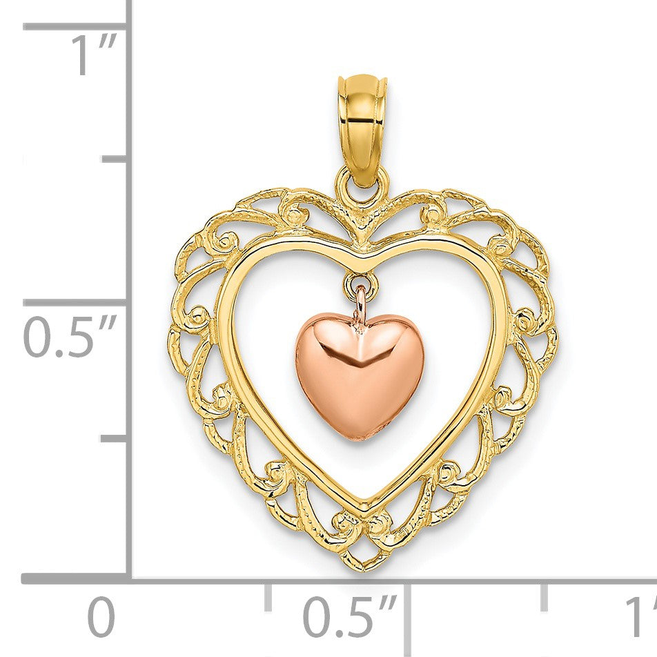 14k Yellow and Rose Polished Dangling Heart In Heart Charm