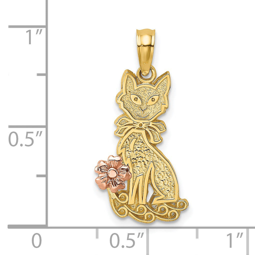 14k Two-Tone Sitting Cat with Bow and Flower Charm