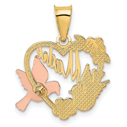 14k Two-tone with White Rhodium MADRE Heart with Doves Charm