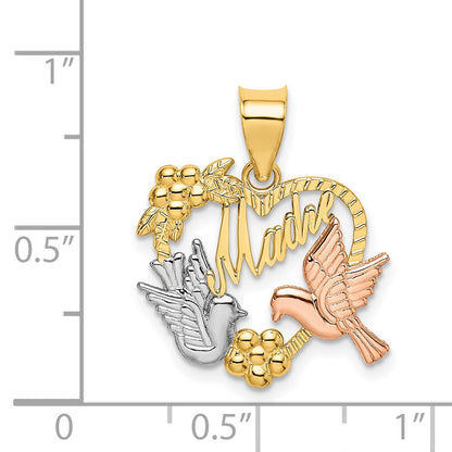 14k Two-tone with White Rhodium MADRE Heart with Doves Charm