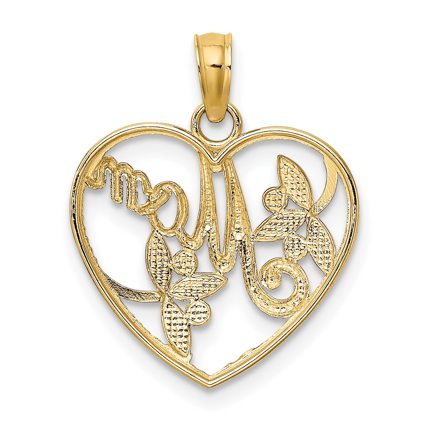 14k with White Rhodium Textured Heart with MOM Charm