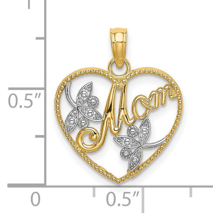 14k with White Rhodium Textured Heart with MOM Charm