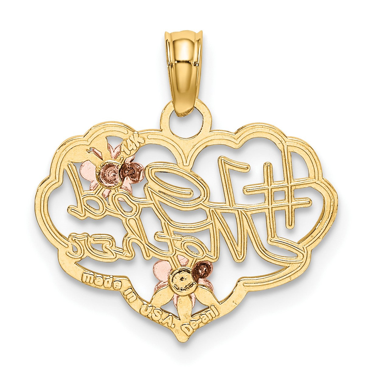 14k Two-Tone Diamond-cut #1 GOD MOTHER and Flowers In Heart Charm