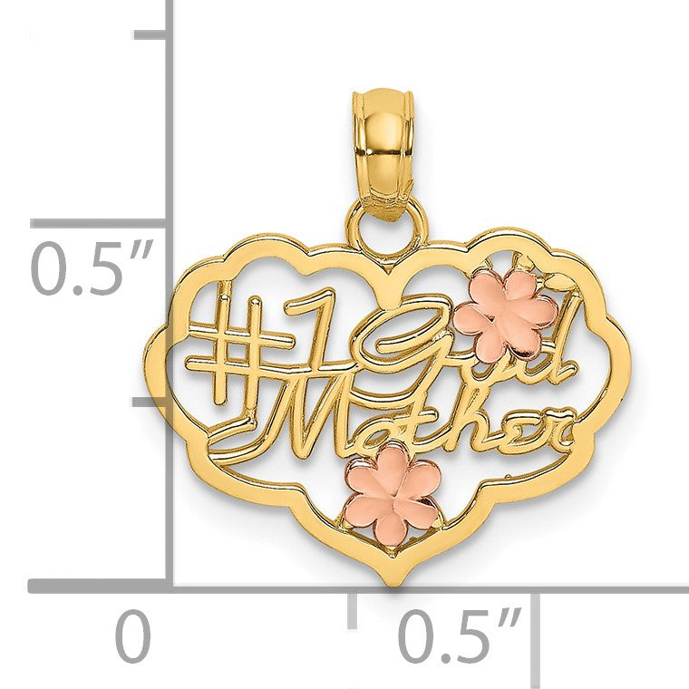 14k Two-Tone Diamond-cut #1 GOD MOTHER and Flowers In Heart Charm