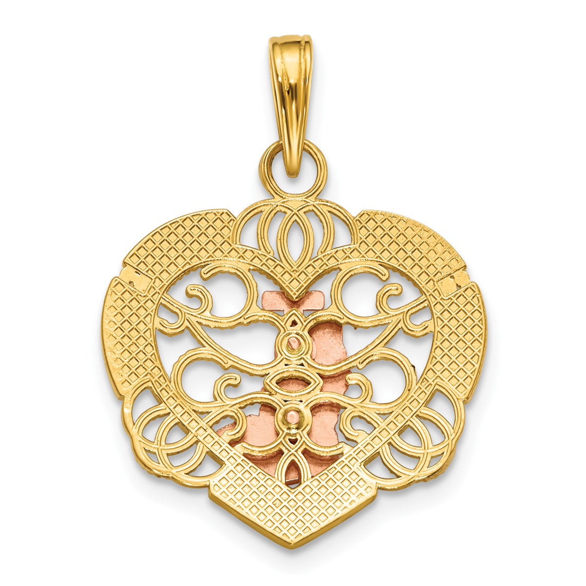 14K Two-tone and White Rhodium Praying Hands and Cross in Heart Charm