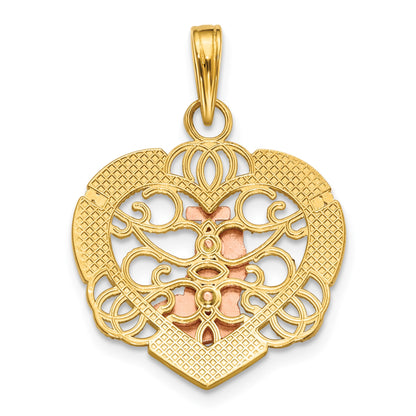 14K Two-tone and White Rhodium Praying Hands and Cross in Heart Charm