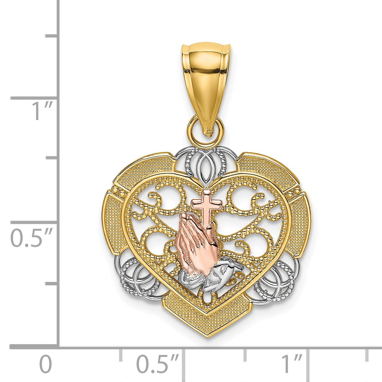 14K Two-tone and White Rhodium Praying Hands and Cross in Heart Charm