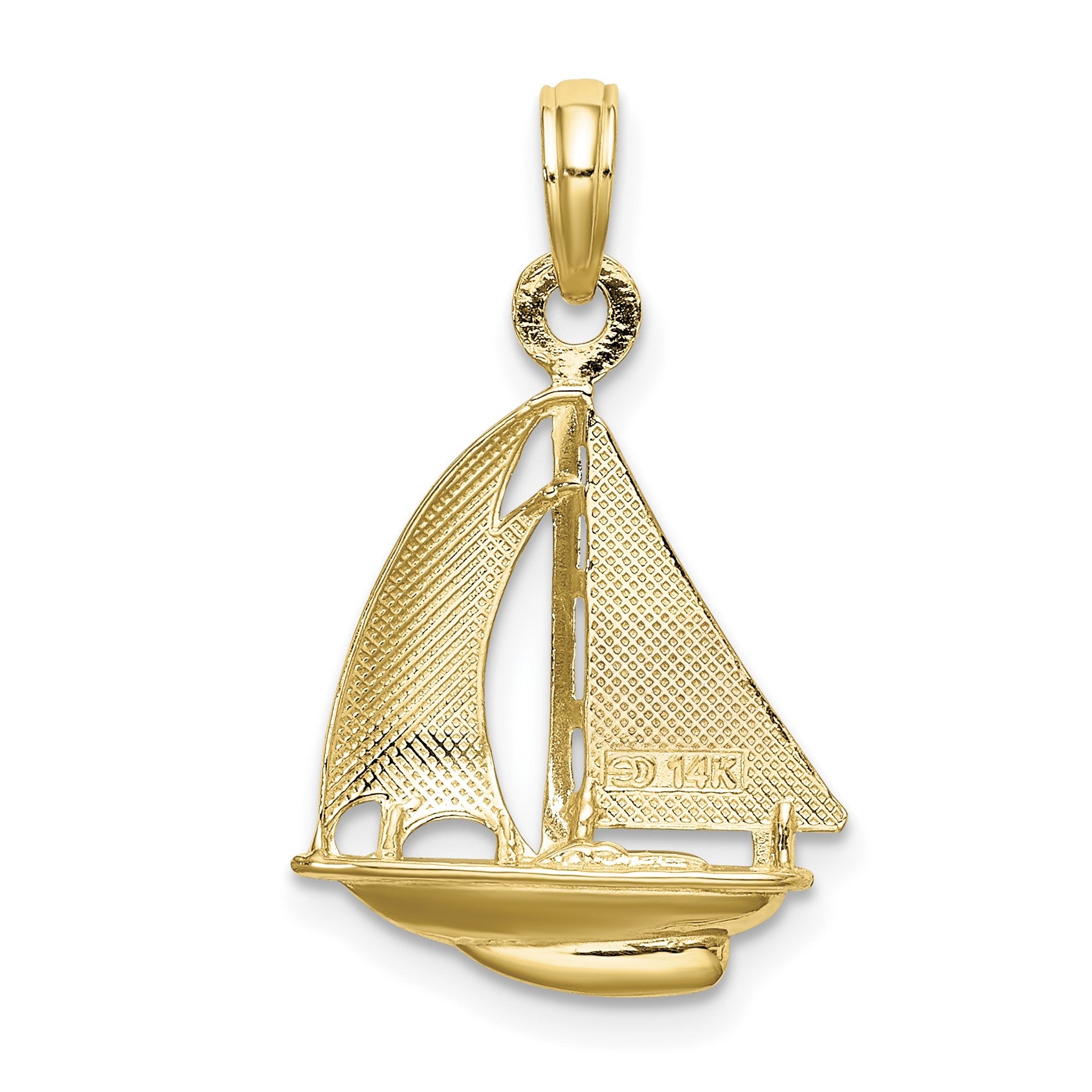 14K and White Rhodium 3-D Polished Sailboat Charm