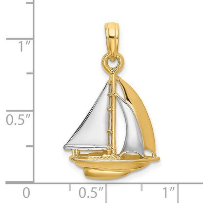 14K and White Rhodium 3-D Polished Sailboat Charm