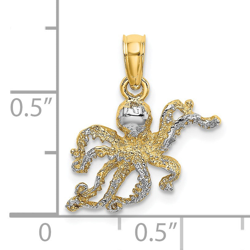 14K and White Rhodium Textured Octopus Charm