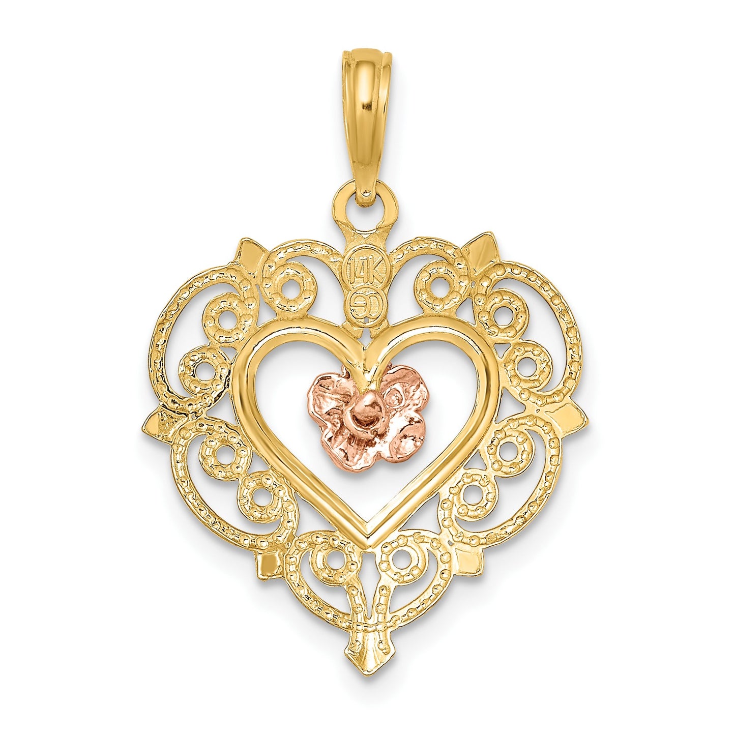 14k Yellow and Rose Flower in Heart Charm