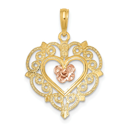 14k Yellow and Rose Flower in Heart Charm