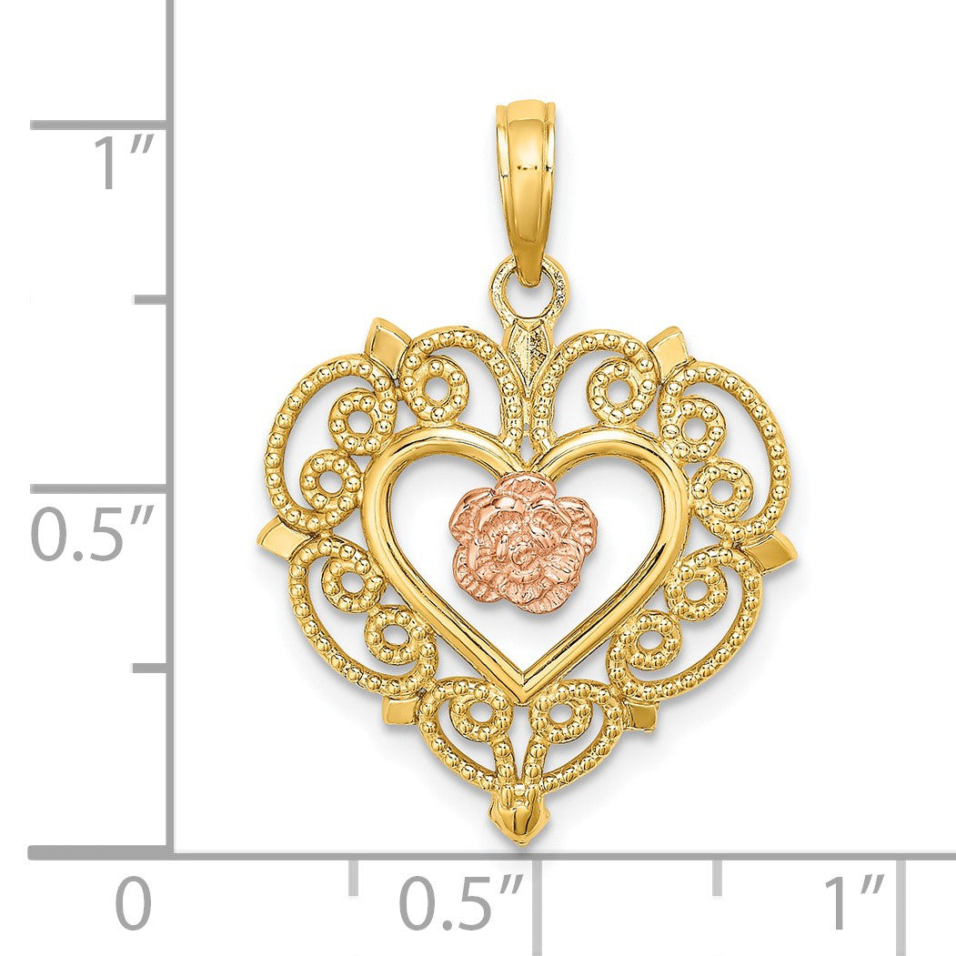 14k Yellow and Rose Flower in Heart Charm