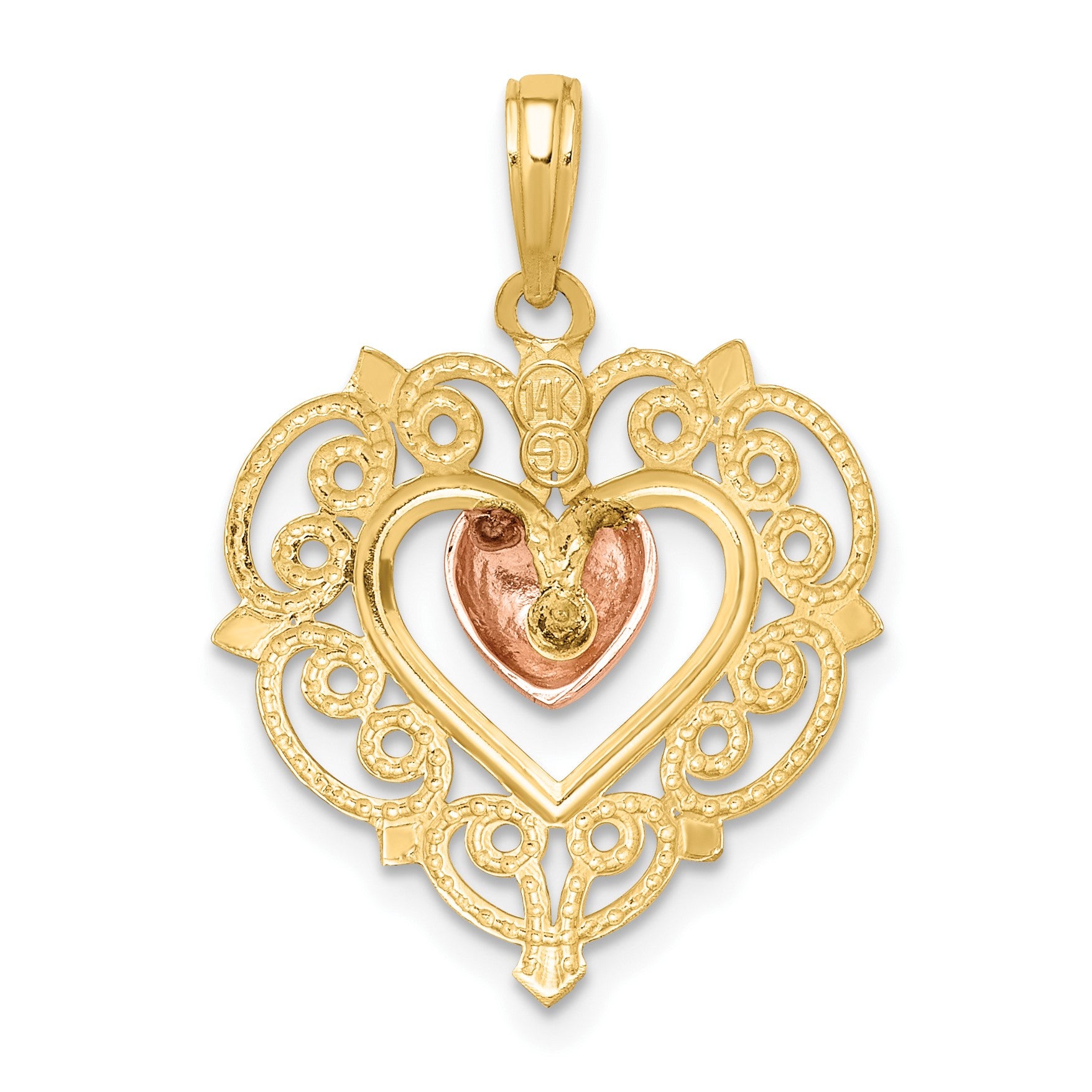 14k Yellow and Rose Heart Dangle with Lace Border Charm