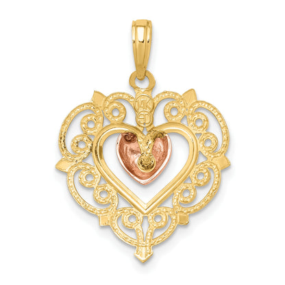 14k Yellow and Rose Heart Dangle with Lace Border Charm