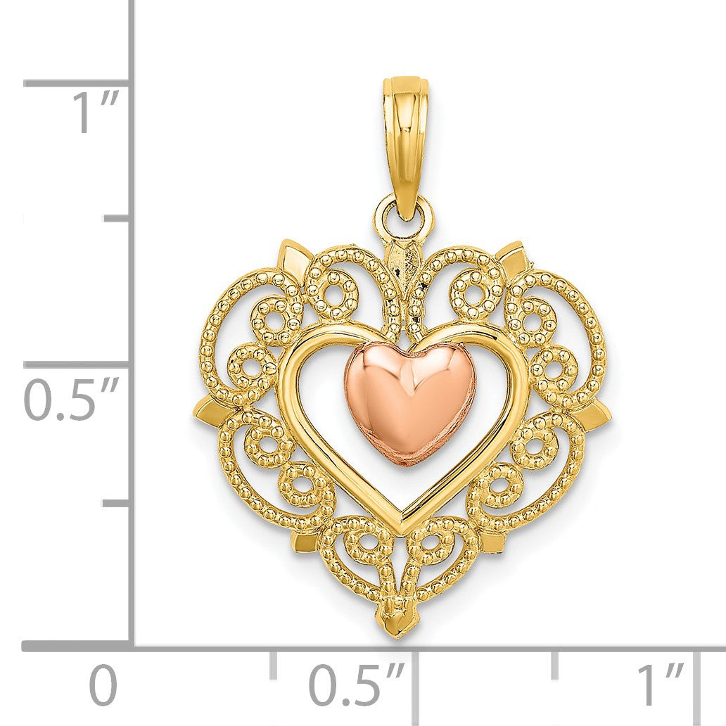 14k Yellow and Rose Heart Dangle with Lace Border Charm