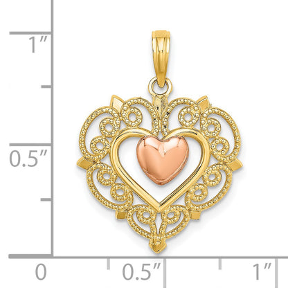 14k Yellow and Rose Heart Dangle with Lace Border Charm