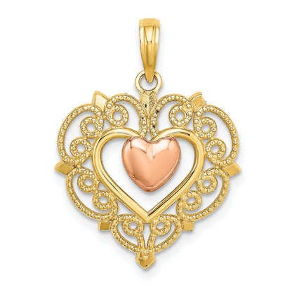 14k Yellow and Rose Heart Dangle with Lace Border Charm