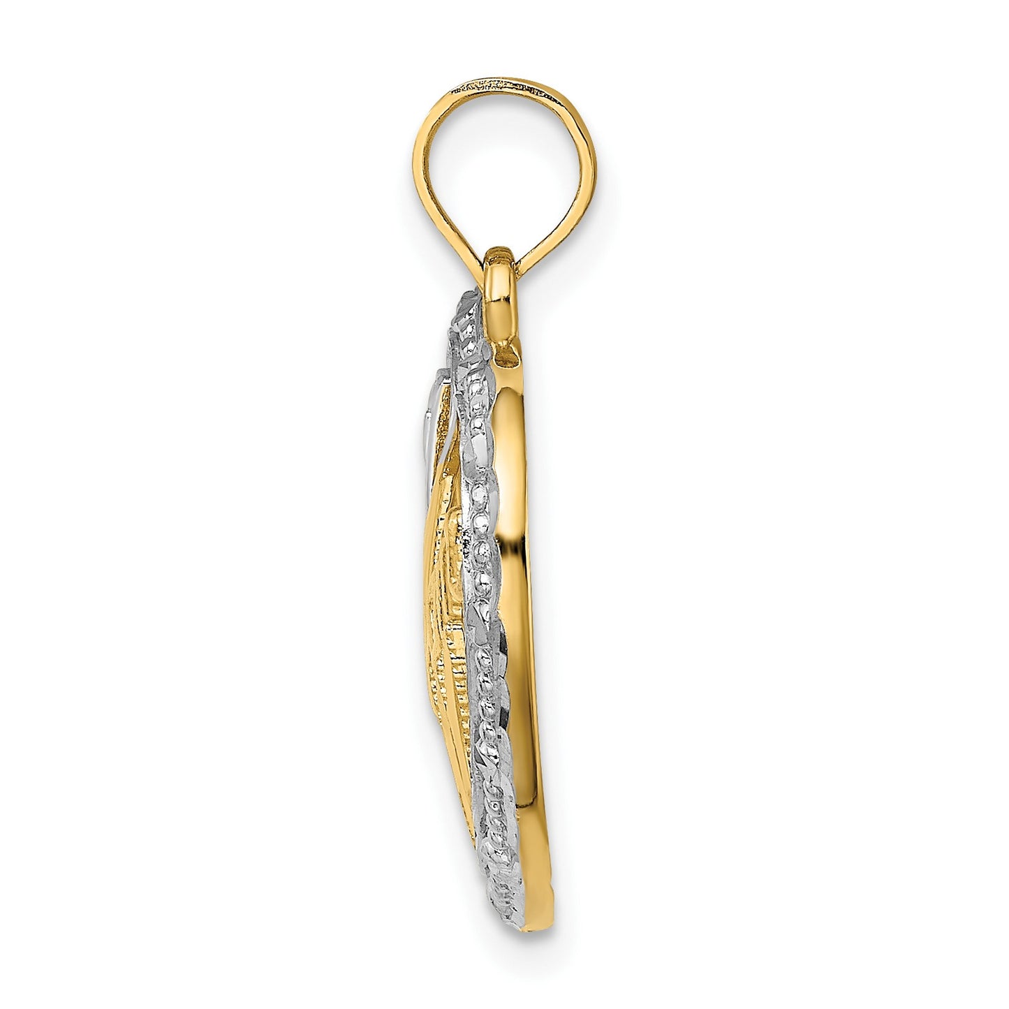 14k with White Rhodium Textured #1 MOM In Heart Charm
