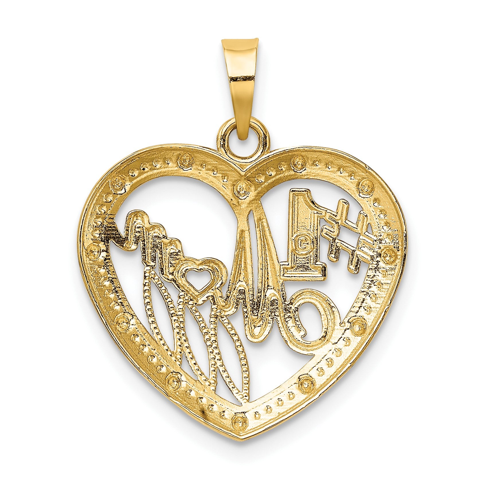 14k with White Rhodium Textured #1 MOM In Heart Charm