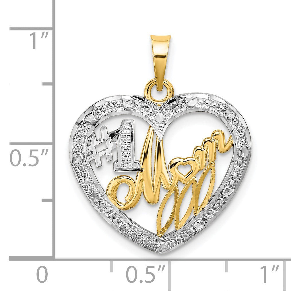 14k with White Rhodium Textured #1 MOM In Heart Charm