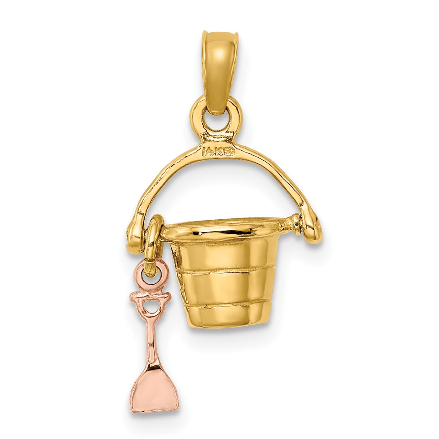 14K Rose and Yellow Gold 3-D Beach Bucket and Moveable Shovel Charm