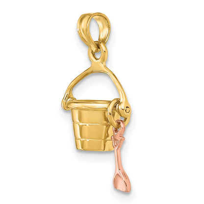 14K Rose and Yellow Gold 3-D Beach Bucket and Moveable Shovel Charm